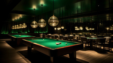 Billiard room interior with green table and green clothの素材