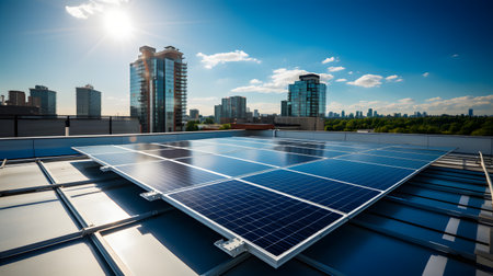 Solar panels on the roof of a modern building with a cityscapeの素材