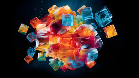 3D rendering of colorful ice cubes floating in the air isolated on black backgroundの素材