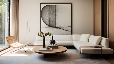 Modern living room interior design with white sofa, coffee table and plant.の素材