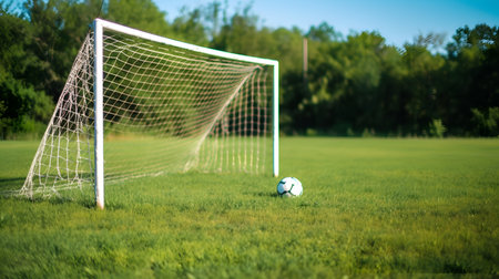 Soccer ball on green field. Soccer goal on green grass.の素材