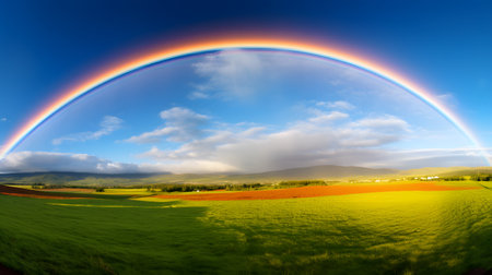 Rainbow over the field with colorful flowers and blue sky background.の素材