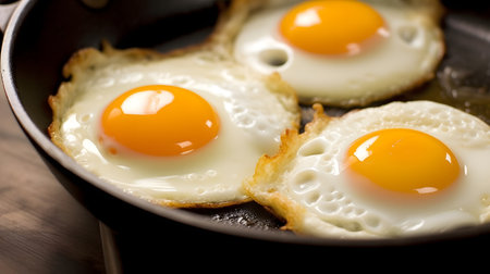 Fried eggs in a frying pan on a wooden table, close-upの素材