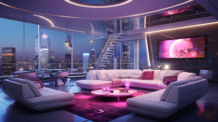 Cyberpunk Penthouse Escape: A futuristic and stylish penthouse with neon lights and technologyの素材