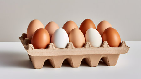 Eggs in a carton box on a white background.の素材