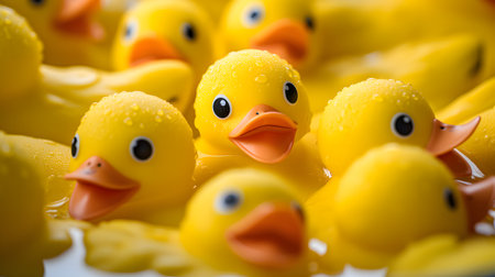 Closeup of yellow rubber ducks with water droplets on them.の素材