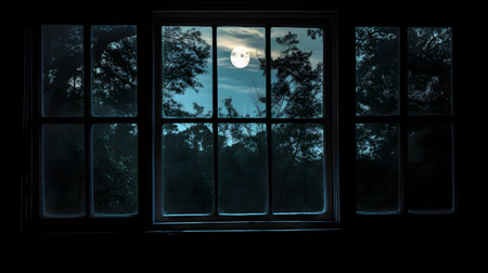Southern Countryside Serenity: The moon shining through a dark window in a tranquil settingの素材
