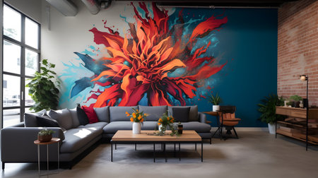 Artistic Wall Mural: Vibrant artwork adorning a loft living roomの素材