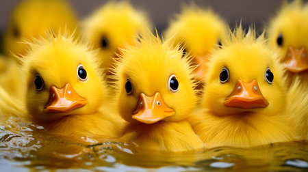 Cheerful Rubber Duckies: Macro shot of realistic yellow rubber ducks floating in a bathtubの素材