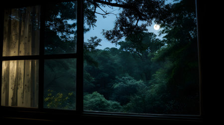 Night view through the window of an old house in the forest.の素材