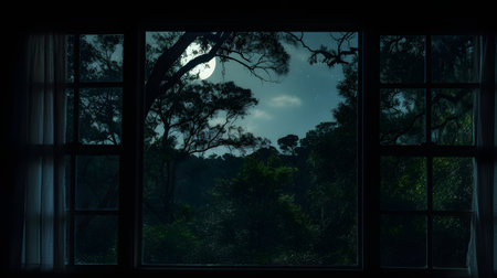 Night view through the window with full moon in the dark forest.の素材