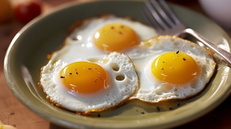 Fried eggs in a plate on a wooden table, close-upの素材