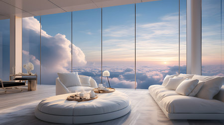 Cloudscape Retreat: An interior view from above the clouds, offering a breathtaking experienceの素材