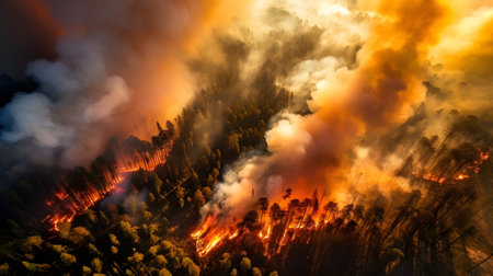 Forest fire in the mountains. Fire in the forest at sunset.の素材