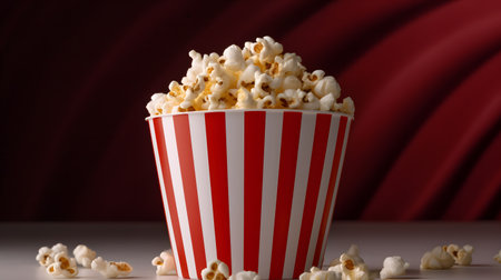 Popcorn in a striped bucket on a dark background.の素材