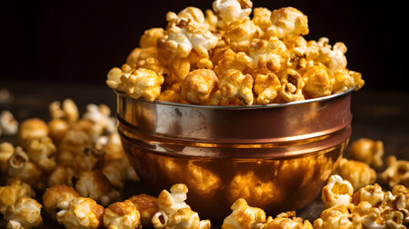 Caramelized popcorn in a bowl on a dark wooden background.の素材