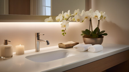 Bathroom interior with white orchids and modern faucetの素材