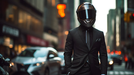 Urban Mystery: A Suited Man with a Motorcycle Helmetの素材