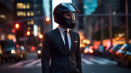 Portrait of a handsome young man wearing a helmet and suit on the street.の素材