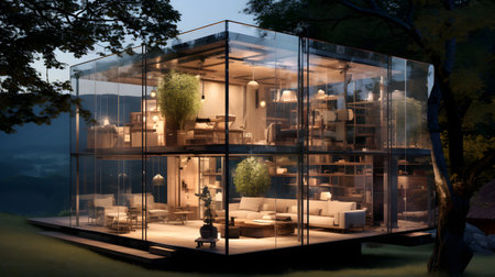 Modern house in the garden at night.の素材