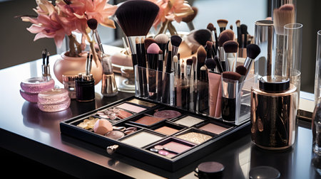 Makeup brushes and cosmetics on black table in beauty salon, closeupの素材