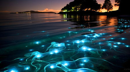 Bioluminescent Symphony: A stunning spectacle of glowing planktonの素材