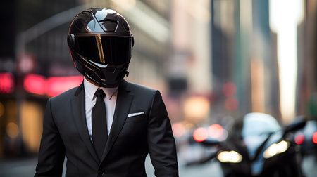 Businessman wearing a motorcycle helmet and a suit standing in the city.の素材