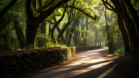 Morning in the green forest with sunbeams passing through the treesの素材