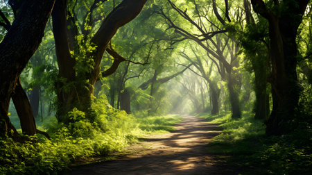 Path in the forest with sun rays passing through the trees. Conceptual image.の素材