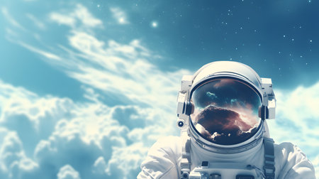 Astronaut in spacesuit against blue sky with white cloudsの素材