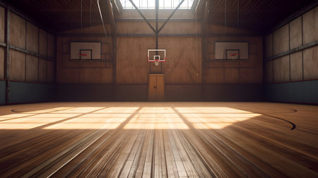 Empty basketball court with wooden floor and light from windowの素材