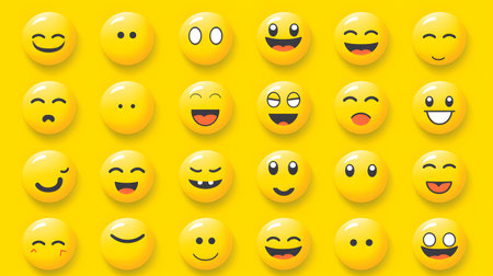 Set of smiley emoticons on yellow background. Vector illustration.の素材