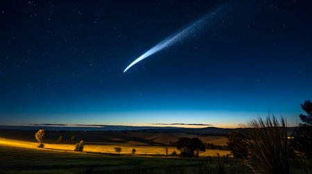 A comet in the night sky over the field. Long exposure photography.の素材