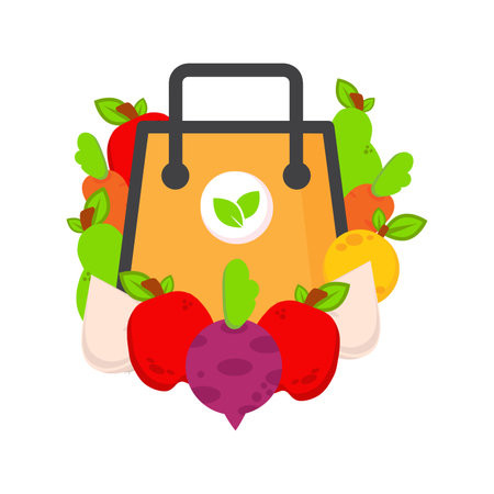shopping bag with vegetables illustration. world vegan day, healthy food illustration design.on white backgroundのイラスト素材