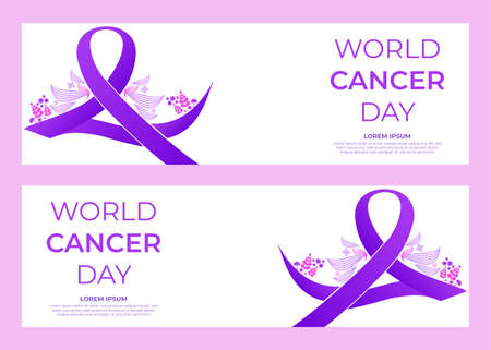 world cancer day purple ribbon horizontal banner designのイラスト素材