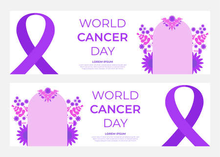 world cancer day purple ribbon horizontal banner designのイラスト素材