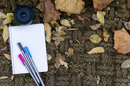 Notebook with pen and camera lens on the background of autumn leaves
