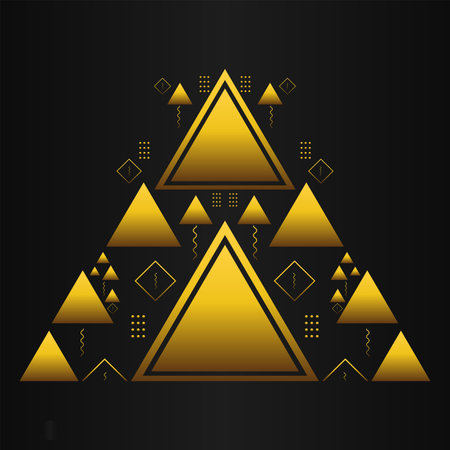 Abstract golden triangle design on black background. Vector illustration.のイラスト素材