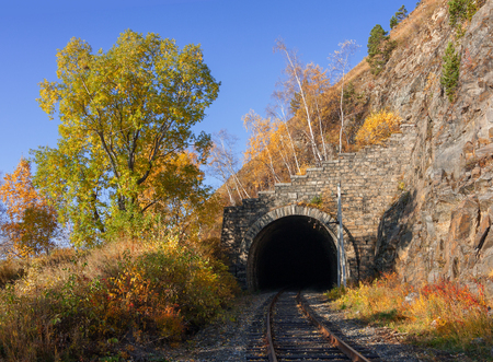 Autumn railroad. The Circum-Baikal Railway on south lake Baikalの写真素材