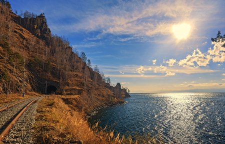 Autumn Circum-Baikal railroad. The Circum-Baikal Railway on south lake Baikal in Irkutsk region Eastern Siberiaの写真素材