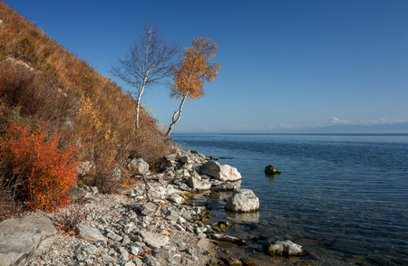 Autumn at Lake Baikal near the Circum-Baikal Railwayの写真素材