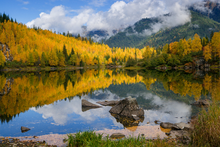 The beginning of the autumn in the mountainsの写真素材