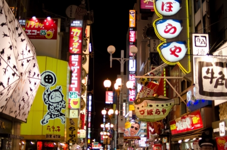Busy street in Dotonbori, Osaka, Japan at nightのeditorial素材