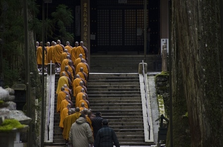 Buddhist monks walking to a temple in Koya-san, Japanのeditorial素材