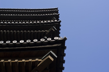 Edge of a five storied pagoda in Japan seen from below with blue sky background
