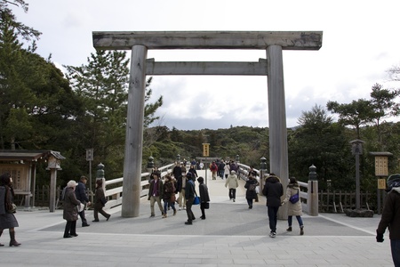 Entrance to the shrines at Ise, Japan with Torri gatesのeditorial素材