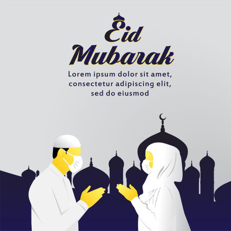 Eid Mubarak islamic design with people say hello without touching illustration.のイラスト素材