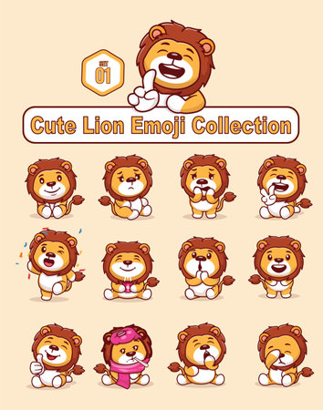 Set of cute lion characters with different emoticonsのイラスト素材