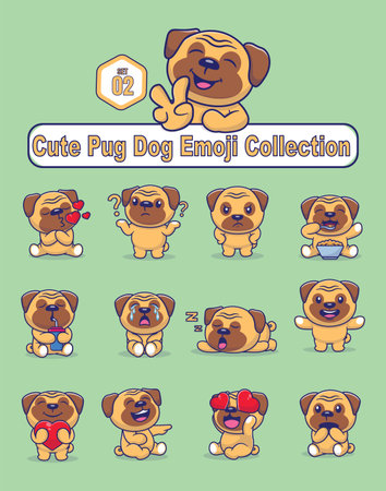 Set of cute pug dog characters with different emoticonsのイラスト素材