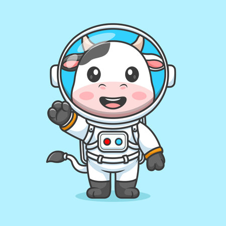 Cute cow astronaut standing and waving hand cartoon vector icon illustration animal science icon concept isolatedのイラスト素材